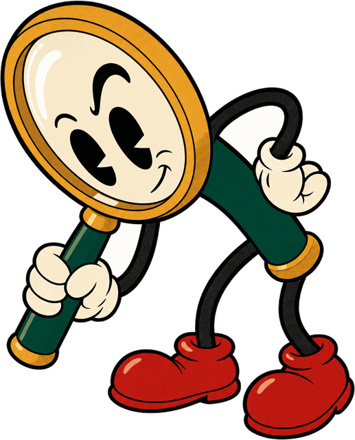Cartoon magnifying glass mascot inspecting the fine print