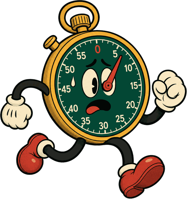 Cartoon stopwatch mascot timing a live bonus check